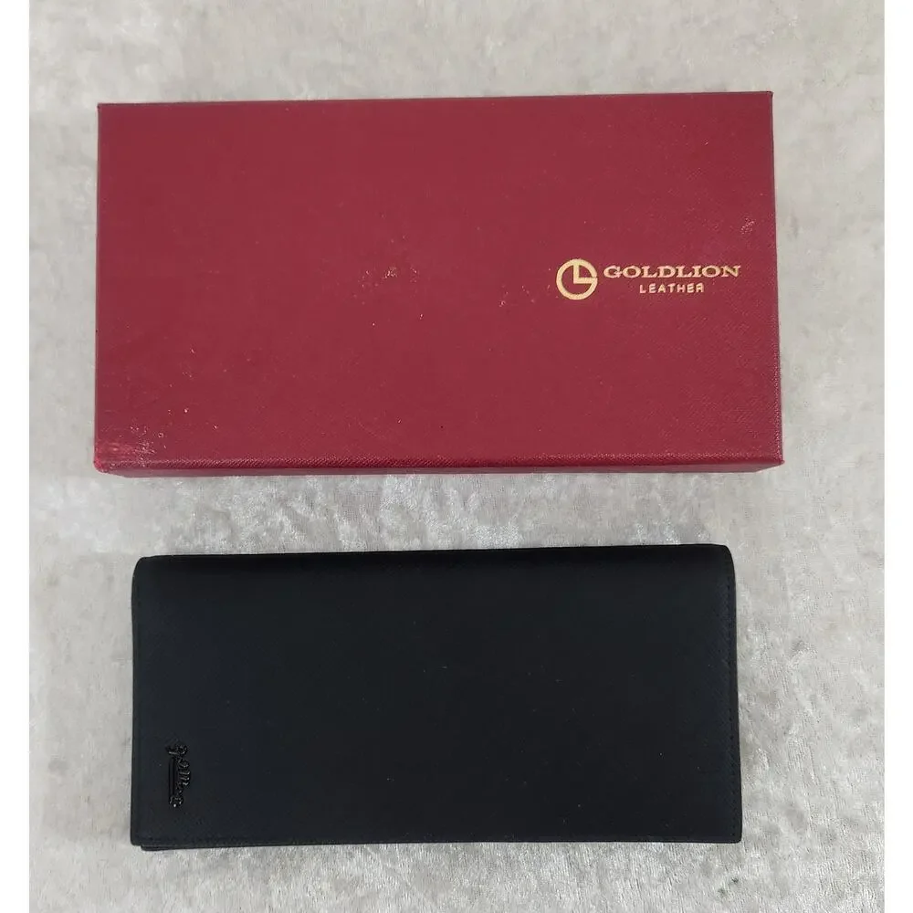 NWT Goldlion Mens Black Soft Lambskin Leather Long Bi-Fold Wallet